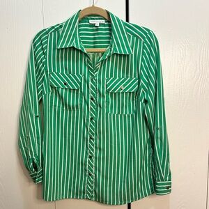 Notations Green and White Striped Shirt